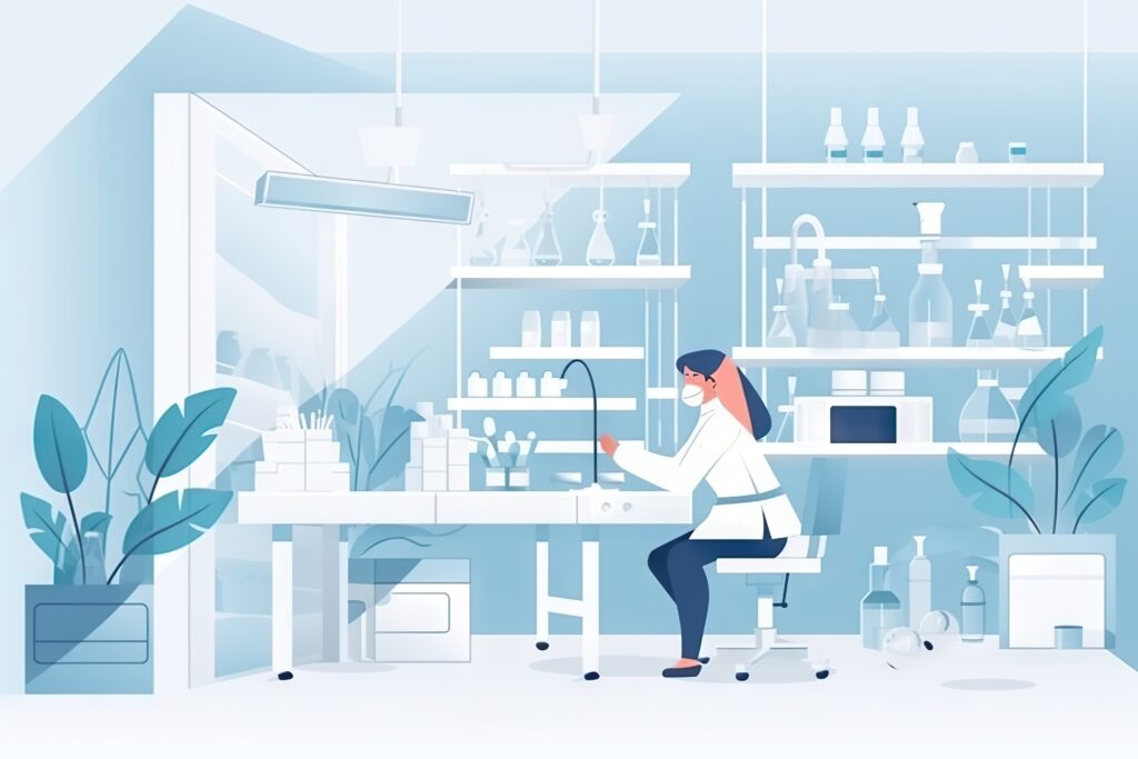 Grafik einer Frau, die an einem Tisch in einem Labor mit Pflazen sitzt