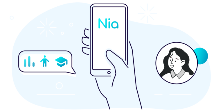 Grafik von Hand, die Smartphone mit Nia App hält
